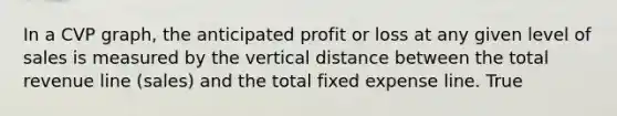 In a CVP graph, the anticipated profit or loss at any given level of sales is measured by the vertical distance between the total revenue line (sales) and the total fixed expense line. True