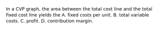 In a CVP graph, the area between the total cost line and the total fixed cost line yields the A. fixed costs per unit. B. total variable costs. C. profit. D. contribution margin.