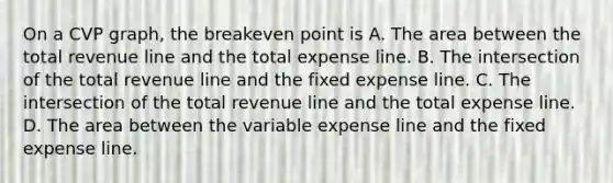 On a CVP​ graph, the breakeven point is A. The area between the total revenue line and the total expense line. B. The intersection of the total revenue line and the fixed expense line. C. The intersection of the total revenue line and the total expense line. D. The area between the variable expense line and the fixed expense line.