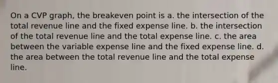 On a CVP graph, the breakeven point is a. the intersection of the total revenue line and the fixed expense line. b. the intersection of the total revenue line and the total expense line. c. the area between the variable expense line and the fixed expense line. d. the area between the total revenue line and the total expense line.