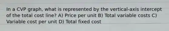 In a CVP graph, what is represented by the vertical-axis intercept of the total cost line? A) Price per unit B) Total variable costs C) Variable cost per unit D) Total fixed cost