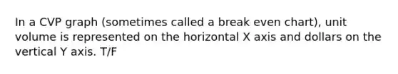 In a CVP graph (sometimes called a break even chart), unit volume is represented on the horizontal X axis and dollars on the vertical Y axis. T/F