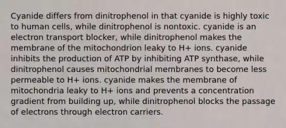 Cyanide differs from dinitrophenol in that cyanide is highly toxic to human cells, while dinitrophenol is nontoxic. cyanide is an electron transport blocker, while dinitrophenol makes the membrane of the mitochondrion leaky to H+ ions. cyanide inhibits the production of ATP by inhibiting ATP synthase, while dinitrophenol causes mitochondrial membranes to become less permeable to H+ ions. cyanide makes the membrane of mitochondria leaky to H+ ions and prevents a concentration gradient from building up, while dinitrophenol blocks the passage of electrons through electron carriers.