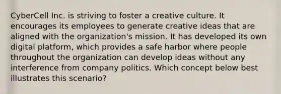 CyberCell Inc. is striving to foster a creative culture. It encourages its employees to generate creative ideas that are aligned with the organization's mission. It has developed its own digital platform, which provides a safe harbor where people throughout the organization can develop ideas without any interference from company politics. Which concept below best illustrates this scenario?