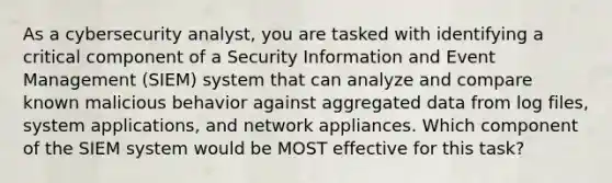 As a cybersecurity analyst, you are tasked with identifying a critical component of a Security Information and Event Management (SIEM) system that can analyze and compare known malicious behavior against aggregated data from log files, system applications, and network appliances. Which component of the SIEM system would be MOST effective for this task?