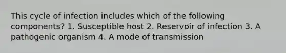 This cycle of infection includes which of the following components? 1. Susceptible host 2. Reservoir of infection 3. A pathogenic organism 4. A mode of transmission