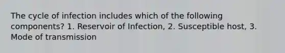 The cycle of infection includes which of the following components? 1. Reservoir of Infection, 2. Susceptible host, 3. Mode of transmission