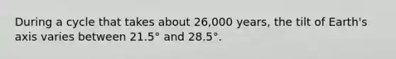 During a cycle that takes about 26,000 years, the tilt of Earth's axis varies between 21.5° and 28.5°.