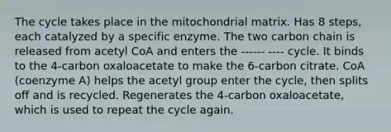 The cycle takes place in the mitochondrial matrix. Has 8 steps, each catalyzed by a specific enzyme. The two carbon chain is released from acetyl CoA and enters the ------ ---- cycle. It binds to the 4-carbon oxaloacetate to make the 6-carbon citrate. CoA (coenzyme A) helps the acetyl group enter the cycle, then splits off and is recycled. Regenerates the 4-carbon oxaloacetate, which is used to repeat the cycle again.