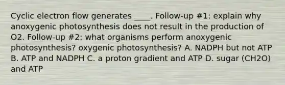 Cyclic electron flow generates ____. Follow-up #1: explain why anoxygenic photosynthesis does not result in the production of O2. Follow-up #2: what organisms perform anoxygenic photosynthesis? oxygenic photosynthesis? A. NADPH but not ATP B. ATP and NADPH C. a proton gradient and ATP D. sugar (CH2O) and ATP