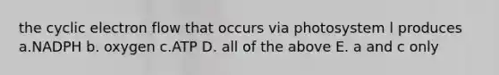 the cyclic electron flow that occurs via photosystem l produces a.NADPH b. oxygen c.ATP D. all of the above E. a and c only