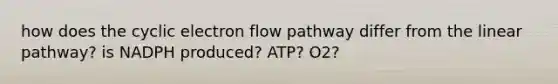 how does the cyclic electron flow pathway differ from the linear pathway? is NADPH produced? ATP? O2?