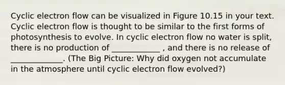 Cyclic electron flow can be visualized in Figure 10.15 in your text. Cyclic electron flow is thought to be similar to the first forms of photosynthesis to evolve. In cyclic electron flow no water is split, there is no production of ____________ , and there is no release of _____________. (The Big Picture: Why did oxygen not accumulate in the atmosphere until cyclic electron flow evolved?)