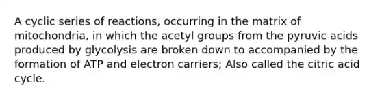 A cyclic series of reactions, occurring in the matrix of mitochondria, in which the acetyl groups from the pyruvic acids produced by glycolysis are broken down to accompanied by the formation of ATP and electron carriers; Also called the citric acid cycle.