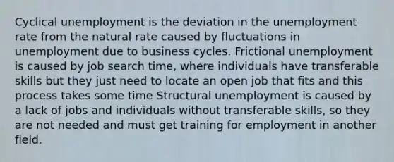 Cyclical unemployment is the deviation in the unemployment rate from the natural rate caused by fluctuations in unemployment due to business cycles. Frictional unemployment is caused by job search time, where individuals have transferable skills but they just need to locate an open job that fits and this process takes some time Structural unemployment is caused by a lack of jobs and individuals without transferable skills, so they are not needed and must get training for employment in another field.