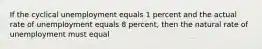 If the cyclical unemployment equals 1 percent and the actual rate of unemployment equals 8 percent, then the natural rate of unemployment must equal