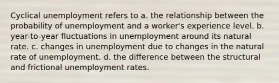 Cyclical unemployment refers to a. the relationship between the probability of unemployment and a worker's experience level. b. year-to-year fluctuations in unemployment around its natural rate. c. changes in unemployment due to changes in the natural rate of unemployment. d. the difference between the structural and frictional unemployment rates.