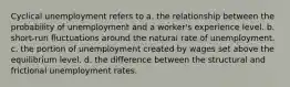 Cyclical unemployment refers to a. the relationship between the probability of unemployment and a worker's experience level. b. short-run fluctuations around the natural rate of unemployment. c. the portion of unemployment created by wages set above the equilibrium level. d. the difference between the structural and frictional unemployment rates.