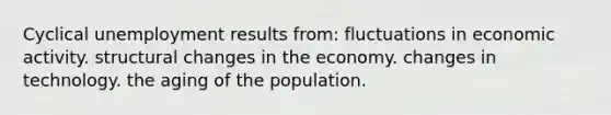 Cyclical unemployment results from: fluctuations in economic activity. structural changes in the economy. changes in technology. the aging of the population.