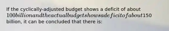 If the cyclically-adjusted budget shows a deficit of about 100 billion and the actual budget shows a deficit of about150 billion, it can be concluded that there is: