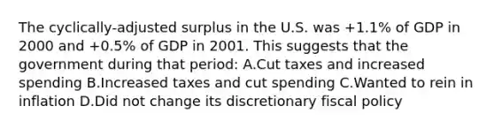 The cyclically-adjusted surplus in the U.S. was +1.1% of GDP in 2000 and +0.5% of GDP in 2001. This suggests that the government during that period: A.Cut taxes and increased spending B.Increased taxes and cut spending C.Wanted to rein in inflation D.Did not change its discretionary fiscal policy