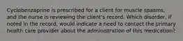 Cyclobenzaprine is prescribed for a client for muscle spasms, and the nurse is reviewing the client's record. Which disorder, if noted in the record, would indicate a need to contact the primary health care provider about the administration of this medication?