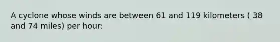 A cyclone whose winds are between 61 and 119 kilometers ( 38 and 74 miles) per hour: