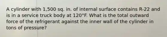 A cylinder with 1,500 sq. in. of internal surface contains R-22 and is in a service truck body at 120°F. What is the total outward force of the refrigerant against the inner wall of the cylinder in tons of pressure?