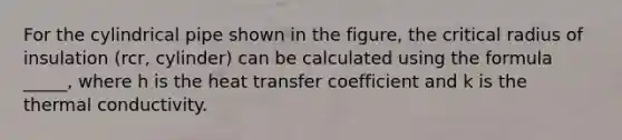 For the cylindrical pipe shown in the figure, the critical radius of insulation (rcr, cylinder) can be calculated using the formula _____, where h is the heat transfer coefficient and k is the thermal conductivity.