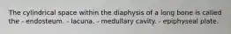 The cylindrical space within the diaphysis of a long bone is called the - endosteum. - lacuna. - medullary cavity. - epiphyseal plate.