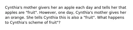 Cynthia's mother givers her an apple each day and tells her that apples are "fruit". However, one day, Cynthia's mother gives her an orange. She tells Cynthia this is also a "fruit". What happens to Cynthia's scheme of fruit"?