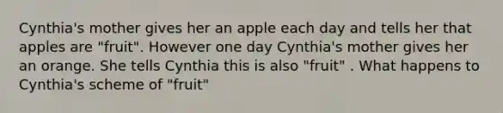 Cynthia's mother gives her an apple each day and tells her that apples are "fruit". However one day Cynthia's mother gives her an orange. She tells Cynthia this is also "fruit" . What happens to Cynthia's scheme of "fruit"