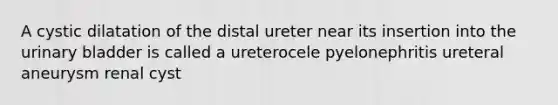 A cystic dilatation of the distal ureter near its insertion into the urinary bladder is called a ureterocele pyelonephritis ureteral aneurysm renal cyst