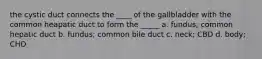 the cystic duct connects the ____ of the gallbladder with the common heapatic duct to form the _____ a. fundus; common hepatic duct b. fundus; common bile duct c. neck; CBD d. body; CHD