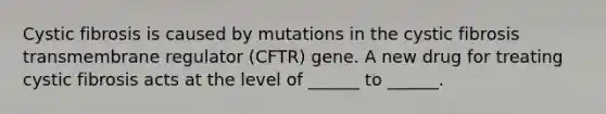 Cystic fibrosis is caused by mutations in the cystic fibrosis transmembrane regulator (CFTR) gene. A new drug for treating cystic fibrosis acts at the level of ______ to ______.