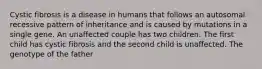 Cystic fibrosis is a disease in humans that follows an autosomal recessive pattern of inheritance and is caused by mutations in a single gene. An unaffected couple has two children. The first child has cystic fibrosis and the second child is unaffected. The genotype of the father