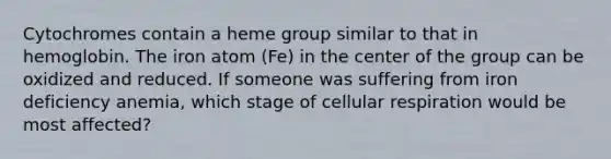 Cytochromes contain a heme group similar to that in hemoglobin. The iron atom (Fe) in the center of the group can be oxidized and reduced. If someone was suffering from iron deficiency anemia, which stage of cellular respiration would be most affected?