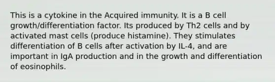 This is a cytokine in the Acquired immunity. It is a B cell growth/differentiation factor. Its produced by Th2 cells and by activated mast cells (produce histamine). They stimulates differentiation of B cells after activation by IL-4, and are important in IgA production and in the growth and differentiation of eosinophils.