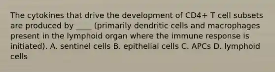 The cytokines that drive the development of CD4+ T cell subsets are produced by ____ (primarily dendritic cells and macrophages present in the lymphoid organ where the immune response is initiated). A. sentinel cells B. epithelial cells C. APCs D. lymphoid cells