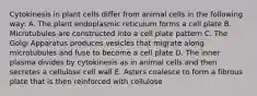 Cytokinesis in plant cells differ from animal cells in the following way: A. The plant endoplasmic reticulum forms a cell plate B. Microtubules are constructed into a cell plate pattern C. The Golgi Apparatus produces vesicles that migrate along microtubules and fuse to become a cell plate D. The inner plasma divides by cytokinesis as in animal cells and then secretes a cellulose cell wall E. Asters coalesce to form a fibrous plate that is then reinforced with cellulose