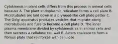 Cytokinesis in plant cells differs from this process in animal cells because A. The plant endoplasmic reticulum forms a cell plate B. Microtubules are laid down in a plywood-like cell plate patter C. The Golgi apparatus produces vesicles that migrate along microtubules and fuse to become a cell plate D. The inner plasma membrane divided by cytokinesis as in animal cells and then secretes a cellulose cell wall E. Asters coalesce to form a fibrous plate that reinforces with cellulose