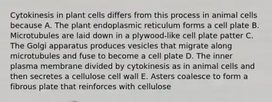 Cytokinesis in plant cells differs from this process in animal cells because A. The plant endoplasmic reticulum forms a cell plate B. Microtubules are laid down in a plywood-like cell plate patter C. The Golgi apparatus produces vesicles that migrate along microtubules and fuse to become a cell plate D. The inner plasma membrane divided by cytokinesis as in animal cells and then secretes a cellulose cell wall E. Asters coalesce to form a fibrous plate that reinforces with cellulose