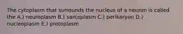 The cytoplasm that surrounds the nucleus of a neuron is called the A.) neuroplasm B.) sarcoplasm C.) perikaryon D.) nucleoplasm E.) protoplasm