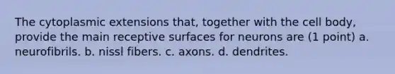 The cytoplasmic extensions that, together with the cell body, provide the main receptive surfaces for neurons are (1 point) a. neurofibrils. b. nissl fibers. c. axons. d. dendrites.