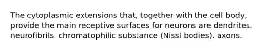 The cytoplasmic extensions that, together with the cell body, provide the main receptive surfaces for neurons are dendrites. neurofibrils. chromatophilic substance (Nissl bodies). axons.