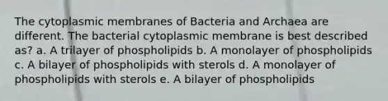 The cytoplasmic membranes of Bacteria and Archaea are different. The bacterial cytoplasmic membrane is best described as? a. A trilayer of phospholipids b. A monolayer of phospholipids c. A bilayer of phospholipids with sterols d. A monolayer of phospholipids with sterols e. A bilayer of phospholipids