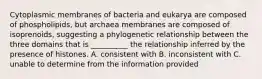 Cytoplasmic membranes of bacteria and eukarya are composed of phospholipids, but archaea membranes are composed of isoprenoids, suggesting a phylogenetic relationship between the three domains that is __________ the relationship inferred by the presence of histones. A. consistent with B. inconsistent with C. unable to determine from the information provided