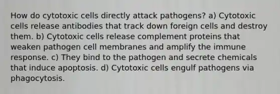 How do cytotoxic cells directly attack pathogens? a) Cytotoxic cells release antibodies that track down foreign cells and destroy them. b) Cytotoxic cells release complement proteins that weaken pathogen cell membranes and amplify the immune response. c) They bind to the pathogen and secrete chemicals that induce apoptosis. d) Cytotoxic cells engulf pathogens via phagocytosis.