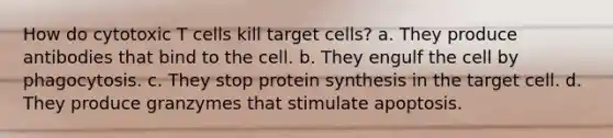 How do cytotoxic T cells kill target cells? a. They produce antibodies that bind to the cell. b. They engulf the cell by phagocytosis. c. They stop protein synthesis in the target cell. d. They produce granzymes that stimulate apoptosis.