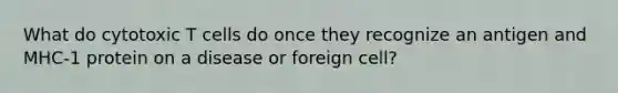 What do cytotoxic T cells do once they recognize an antigen and MHC-1 protein on a disease or foreign cell?